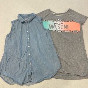 5/$20 Here to be Awesome Tee and Button Up Chambray Tank Girls Size 14